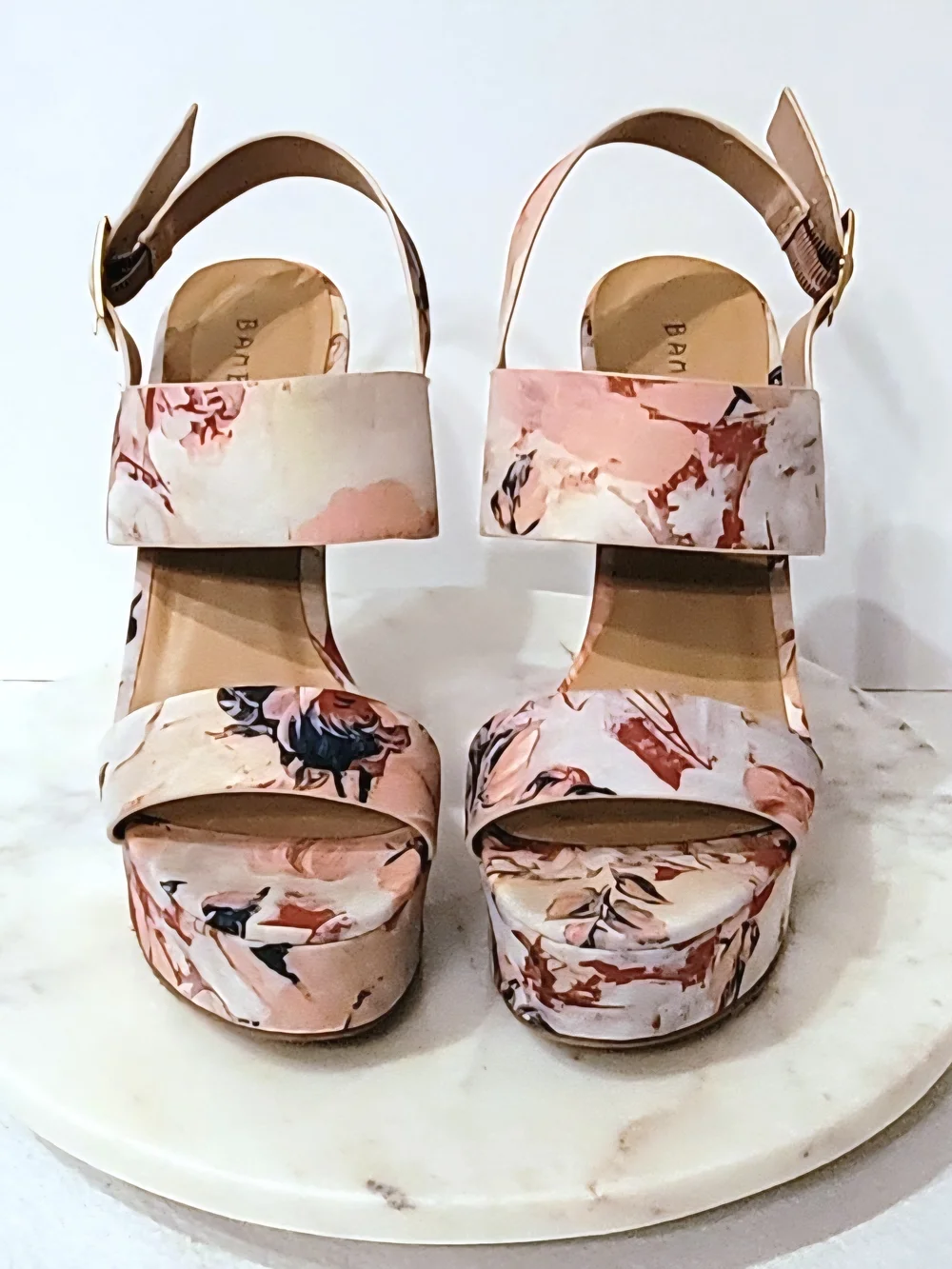 BAMBOO Peach Pastel Nude Pink Floral Blush Mauve Platform Wedge Slingback Heels